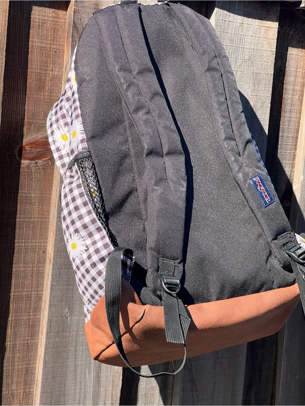 Jansport Brown Gingham Daisy Kids Backpack with Tan Faux-Leather Base